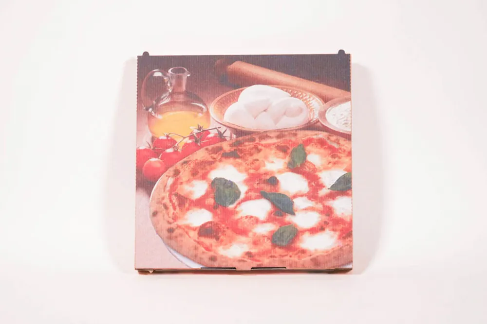 Boîte à pizza carton brun décor Une bonne pizza 260x260mm H35mm